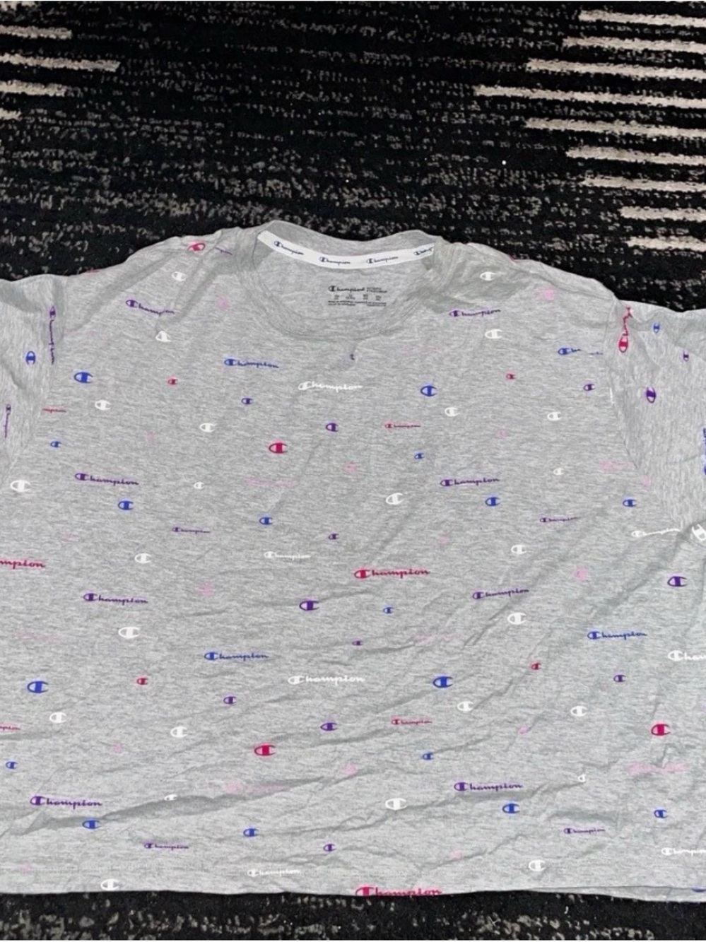 Champion Gray Crewneck Tee with Multicolor Logo Print